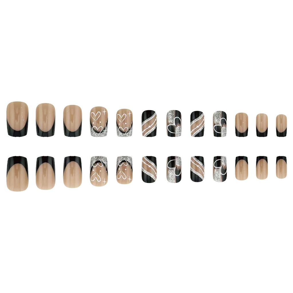 24 Pieces of Chinese Valentine's Day Simple Black and White Silver Graffiti Love Line Design, Wearing Nail Art, Nail Art, Fake Nails