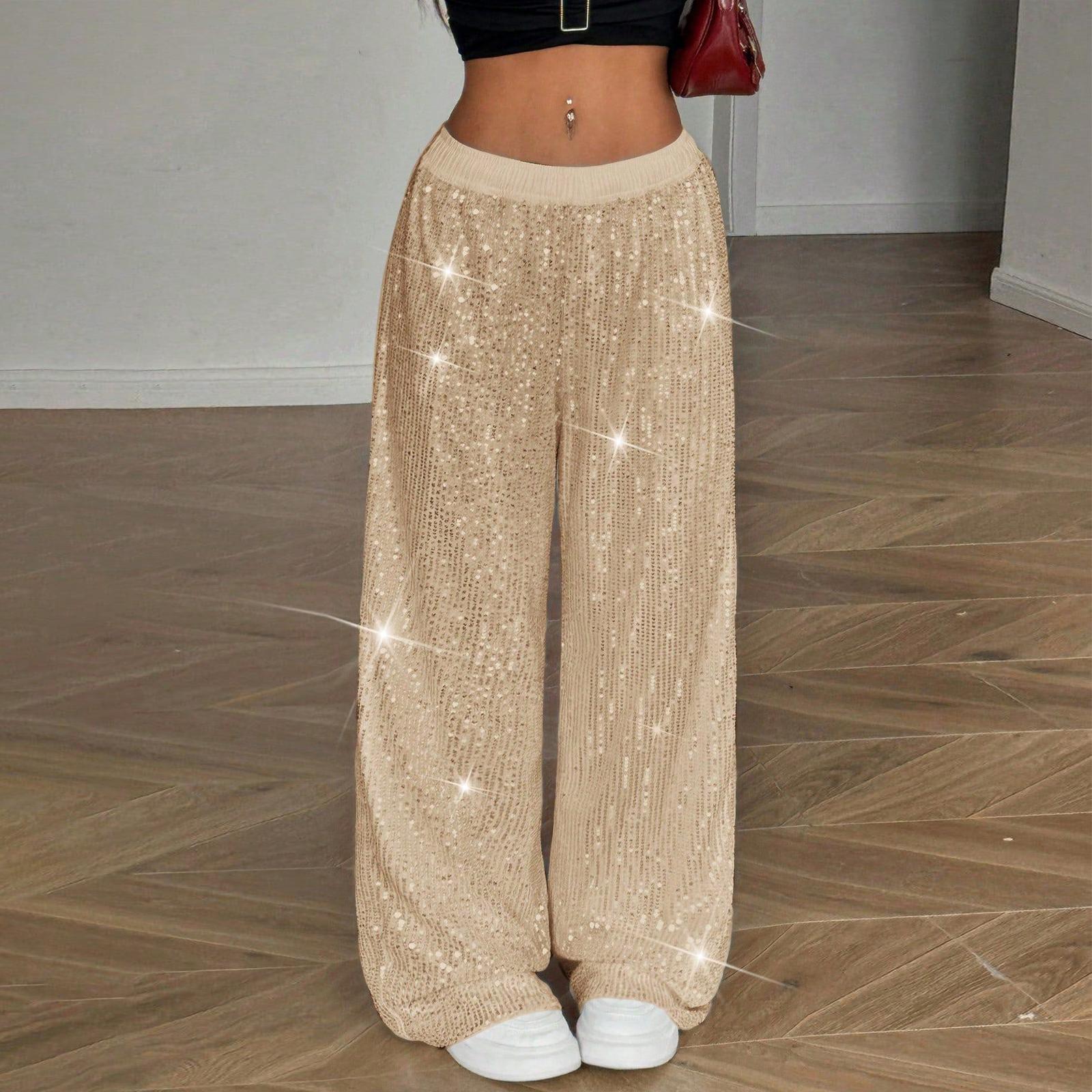 

Sequin Pants Women Stretchy High Waist Wide Leg Pant Casual Loose Glitter Trousers Bling Party Clubwear L бежевый