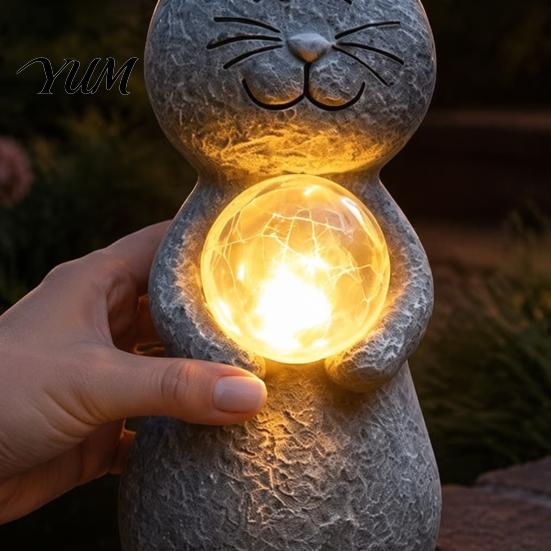 Waterproof Path Lighting Cat Statue Solar Light, Smiling Garden with Cracked Crystal Ball, Whimsical Outdoor Figurines Resin Animal Sculpture Lamp for