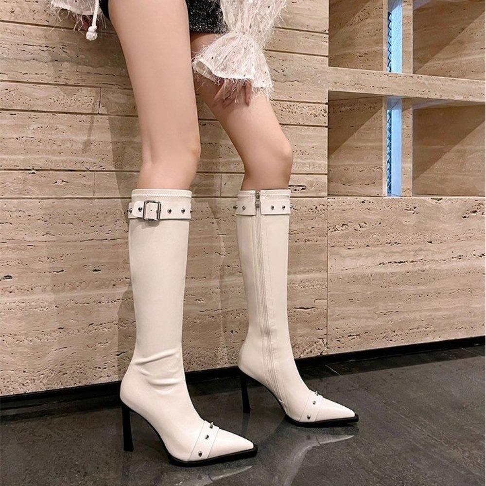 Women's High Top Zipper Belt Buckle High-heeled Solid Color Women's Boots 2024 New Spring and Autumn Fashion Women's Boots