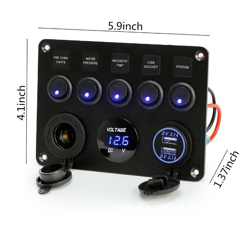 Waterproof 12V-24V Dual USB Charger Socket Panel with LED Digital Voltmeter ON OFF Toggle Switch for Car Boat Marine Truck