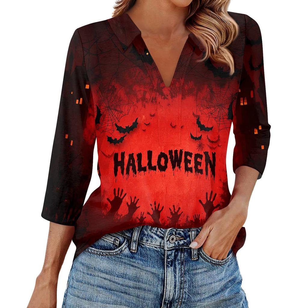 Women's Fashion Casual Lapel 3/4 Sleeve Halloween Print Shirt Women's V-Neck Tops