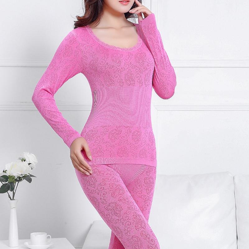 

2 шт., женский зимний топ с круглым вырезом, длинные брюки, термобелье, комплект пижамы Shaper one size розовый