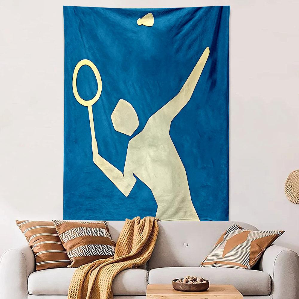 Minimalist Badminton Player Wall Tapestry Cream Silhouette Serving Racket Shuttlecock Blue Decor for Bedroom Game Room Gift