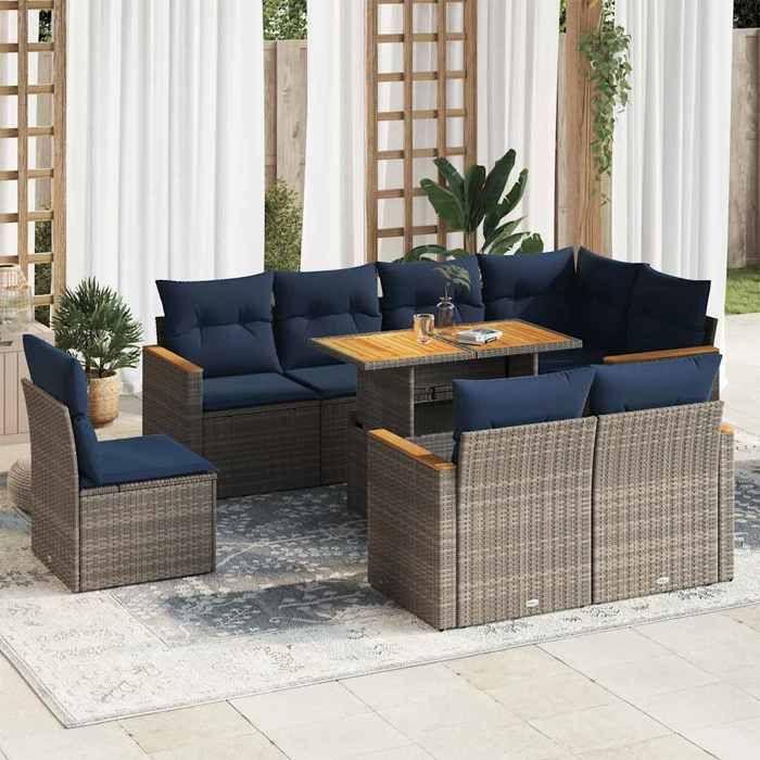 VidaXL Garden Lounge Set 9 Pcs with Grey Cushions Wicker, Outdoor Sofa Set, Corner Sofa Set 3327505