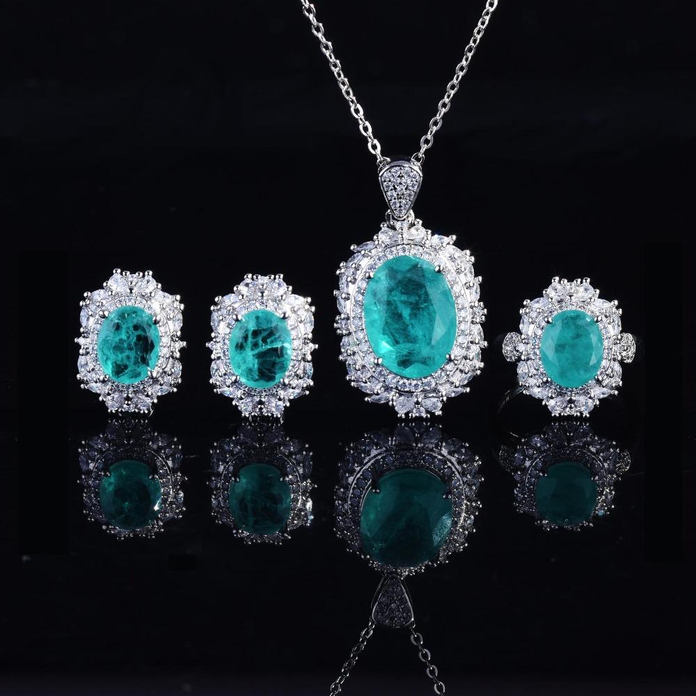 Women Simulated Paraiba Earrings Luxury High Carbon Diamond Necklace Open Ring Color Gemstone Jewelry Set