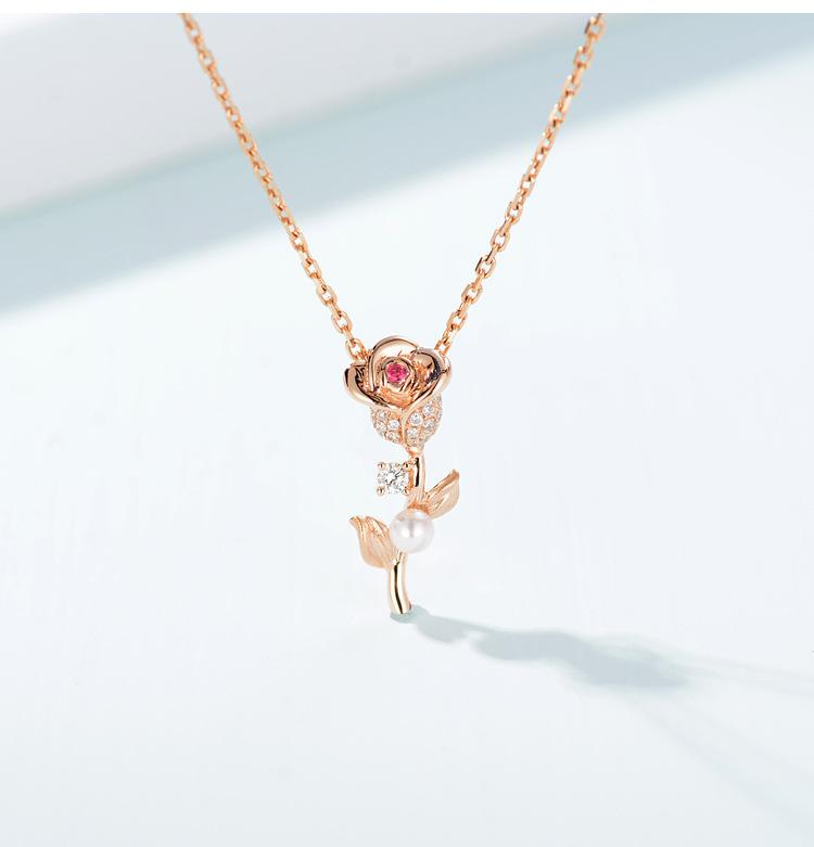 Rose Gold Rose Ruby Pearl Diamond Pendant, Necklace Collarbone Chain