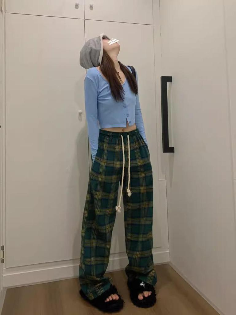 Women's Red Plaid Casual Wide-Leg Pants - Spring Collection