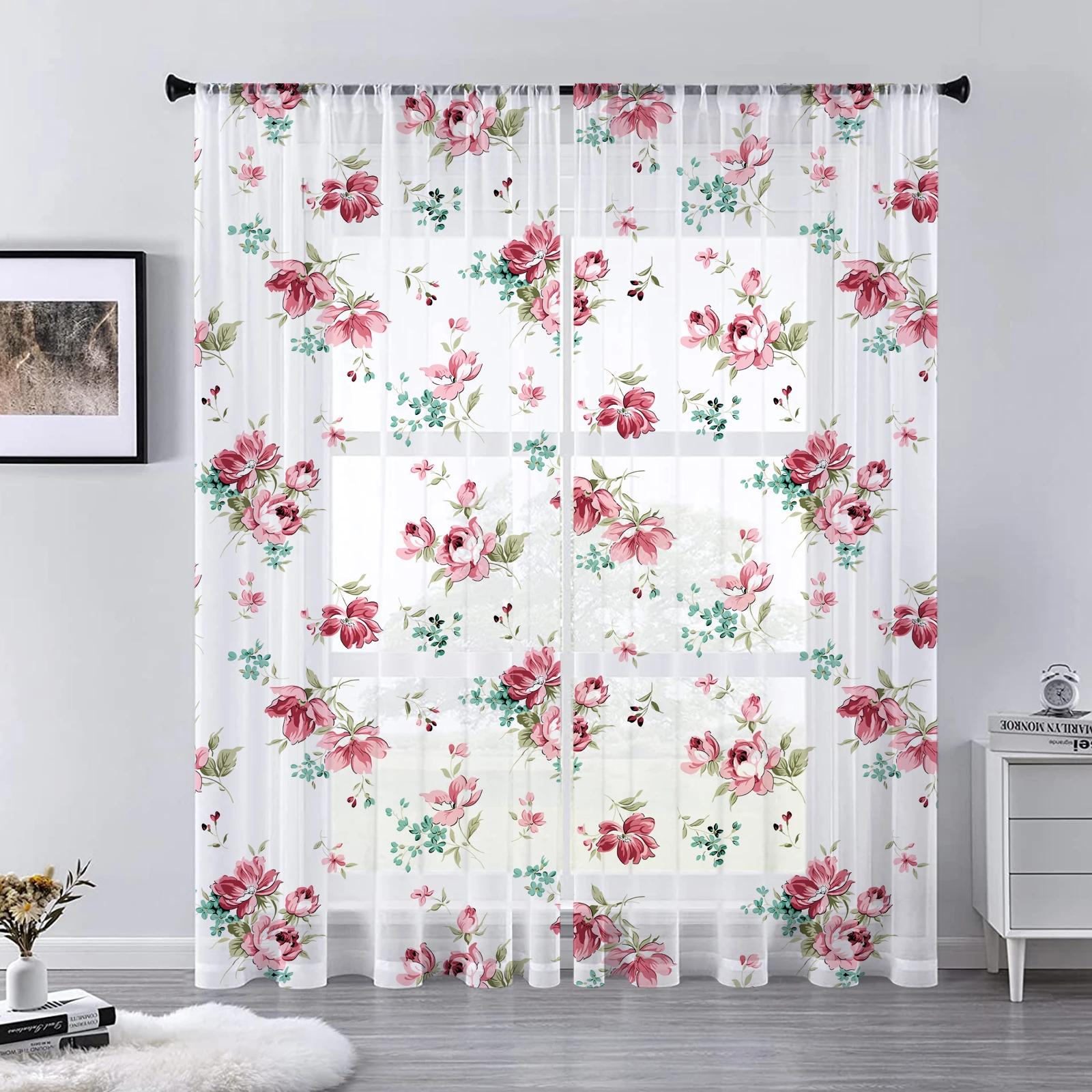 Idyllische Rozen Bloemen Gordijnen Woonkamer Huisdecoratie Bloemen Voile Gordijn Keukenraam Tule Essentiële Gordijnen Lichtdoorlatend Voor Geweldig Polyester W100*H130(CM)-Rod Pocket&2PCS