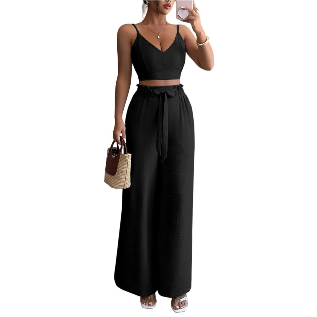 Ladies' Summer Loose Comfortable Casual Fashionable And Elegant Suspender Wide Leg Pants Two-piece Set