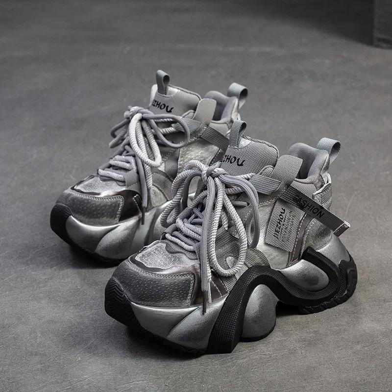 

Fashion 5CM Comfy Ladies Spring Summer Mixed Color Autumn Fashion Pigskin Leather Genuine Platform Wedge Chunky Sneaker Vulcanize 35 серый