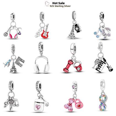 Sports Music Earphone Charms Copper Guitar Violin Football Tower Castle Fit Pendant Original Bracelet Beads Diy Jewelry Gift