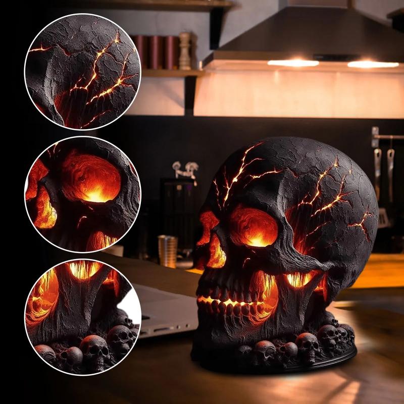Dekorace lebky z magmatického kamene Stolní lampa lebka s strašidelným LED světlem pro halloweenskou párty Dekorace na krbovou římsu Jedinečný pokojový akcent k zapálení
