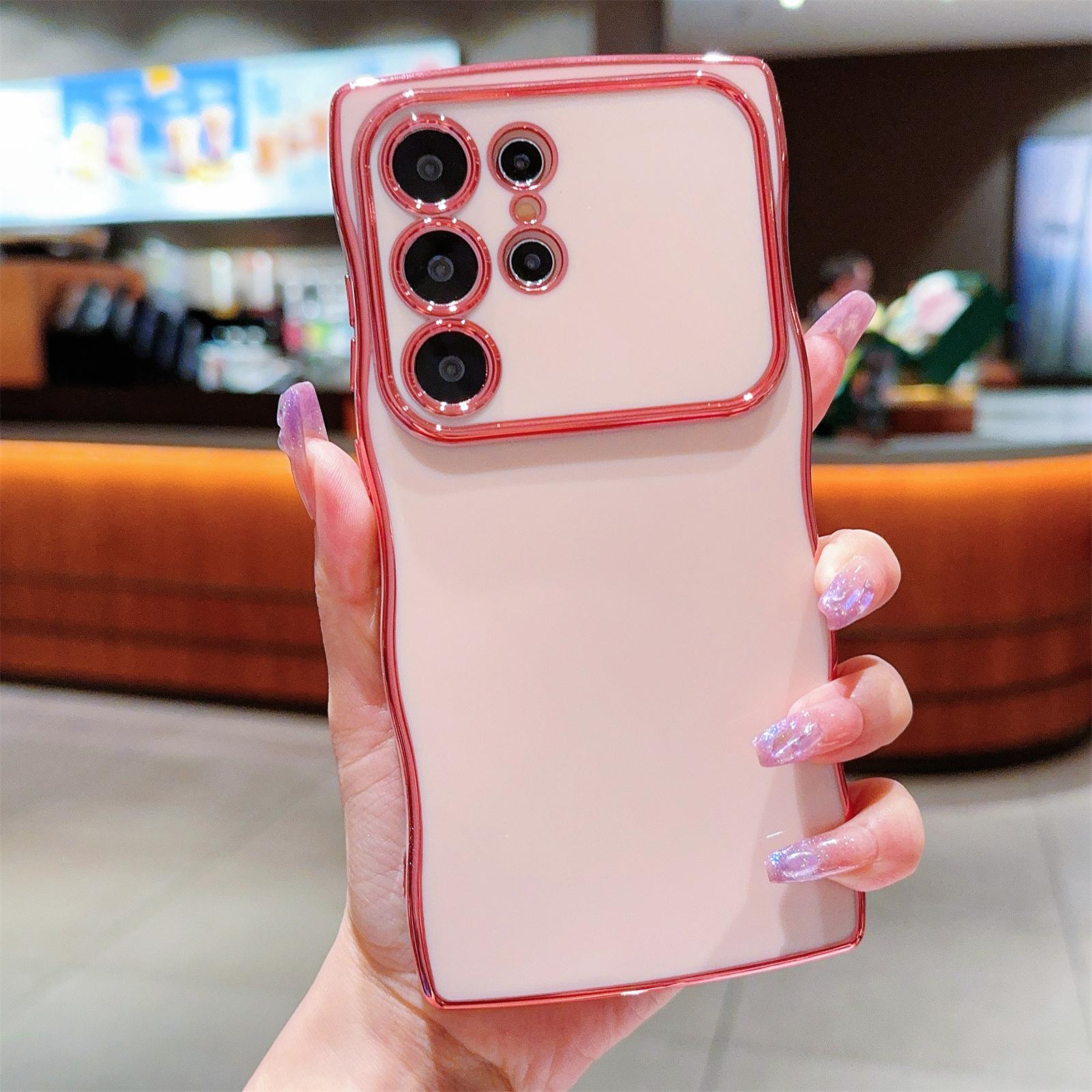 

For Samsung Galaxy S24 Ultra Case Curly Wave Frame TPU Phone Cover Electroplating Large Window Rose Pink