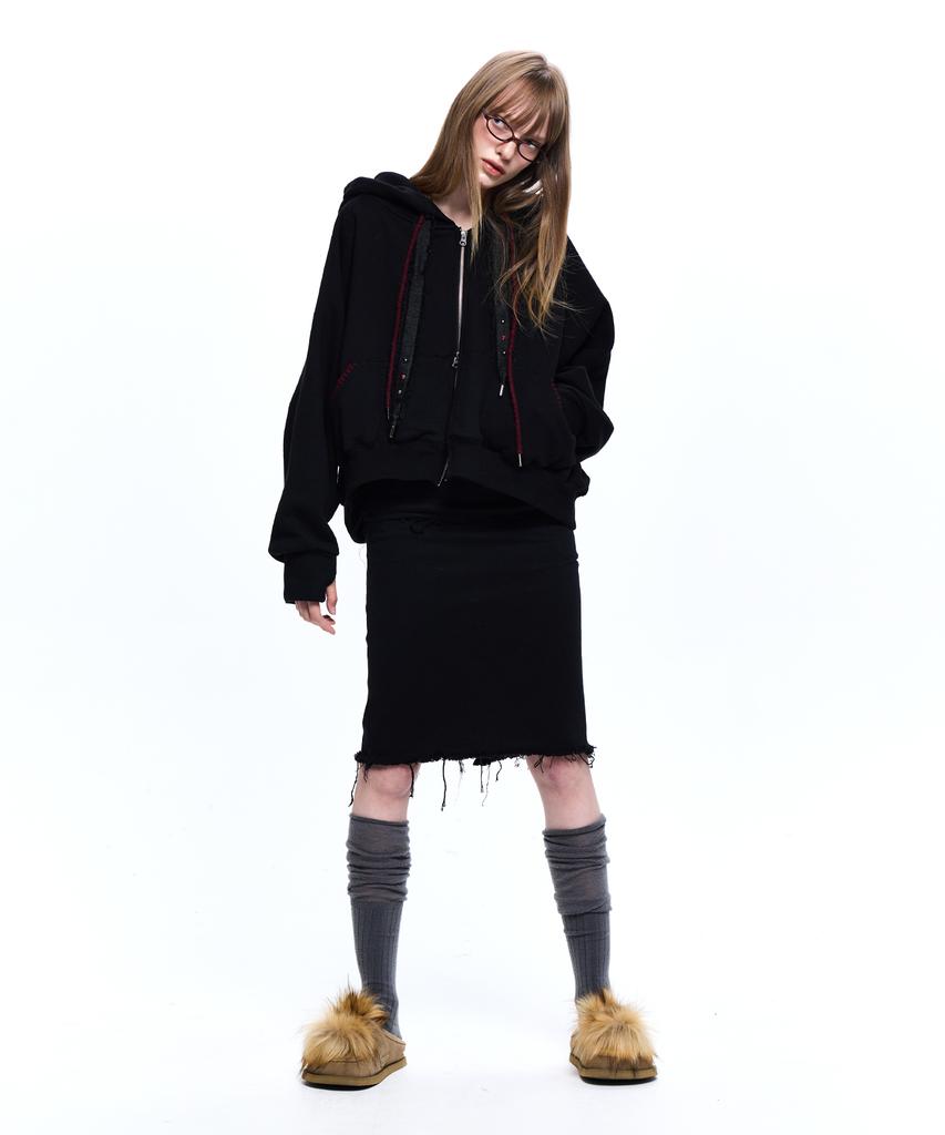 Rssc Denim Strap Crop Hood Zipup - Black