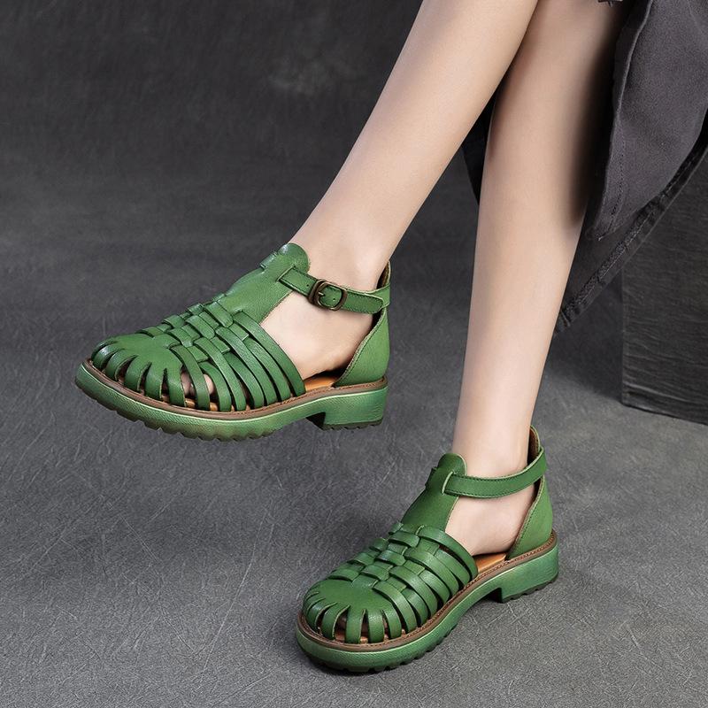 Fashion GKTINOO 2025 Summer New Hollow-out Breathable Weaving Sandals Retro Roman Style Genuine Leather Women's Shoes