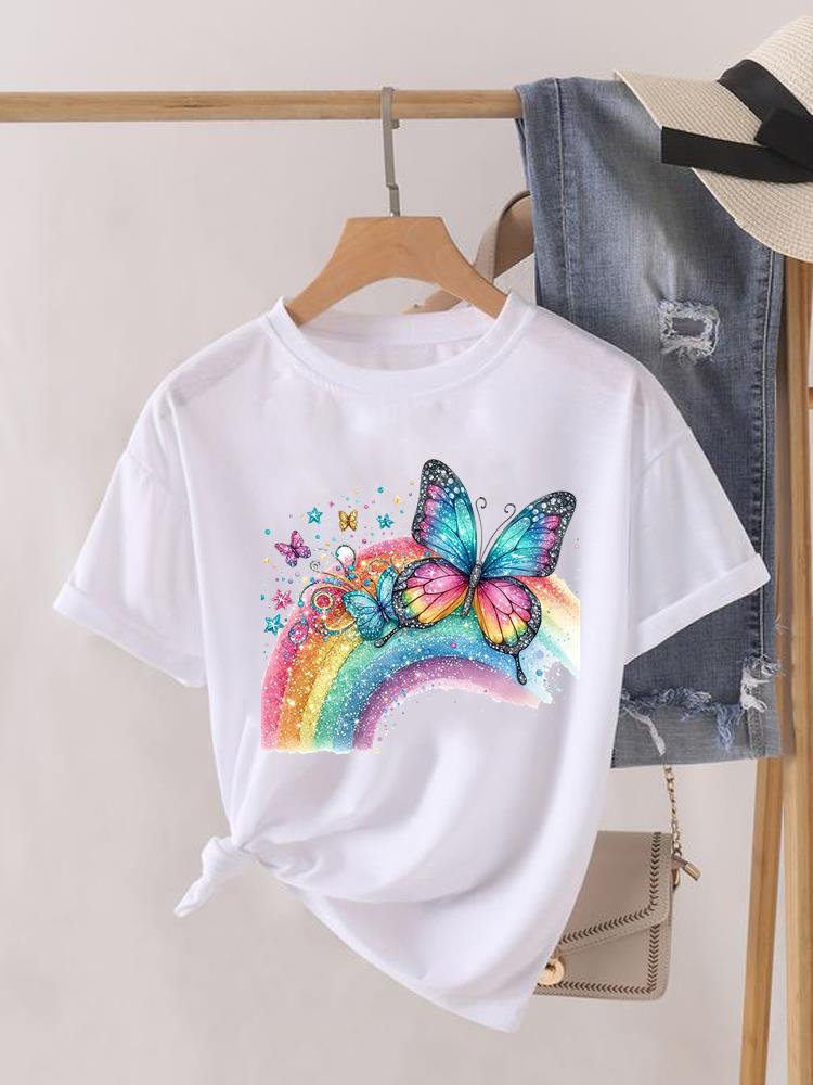 Aquarell Schmetterling Niedlich 90er Kleidung Damen Kurzarm T-Shirt Frauen Print Weiblich Grafik T-Shirts Mode Kleidung Lässiges T-Shirt