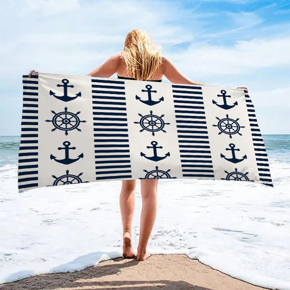 Gestreiftes Anker Strandtuch 3D-Bedrucktes Leichtes Mikrofaser-Strandtuch Wasserabsorbierendes Schnelltrocknendes Badetuch