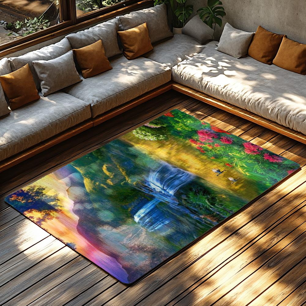 Nature Waterfall Landscape Rug, Bohemian Home Decor Carpet for Living Room, Soft Non-Slip Sofa Mat with Floral Design