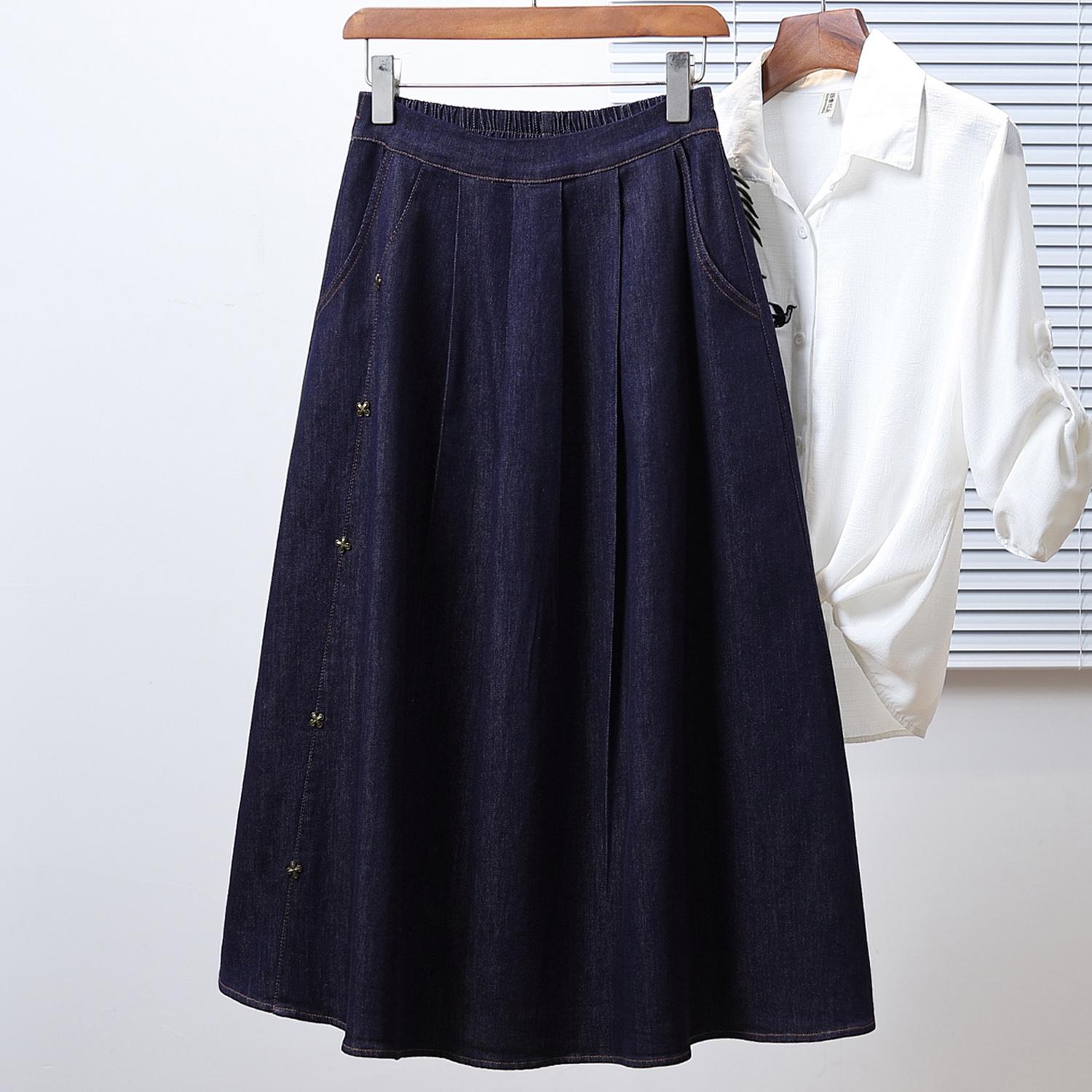 

Dimanaf 2025 Летние эластичные джинсовые юбки больших размеров для женщин, А-силуэт, с высокой талией, винтажные, свободные, 5XL 5XL синий