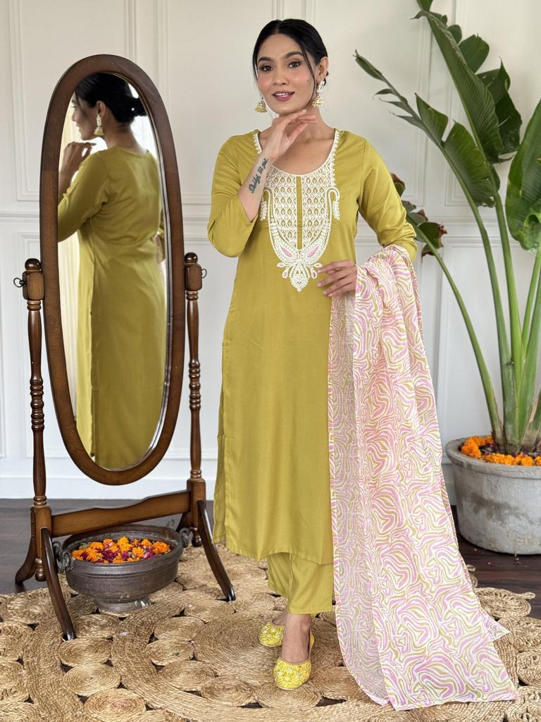 Indian Designer Slub Kurta Pant Dupatta Set Women Bollywood Top Tunic Kurti Salwar Kameez
