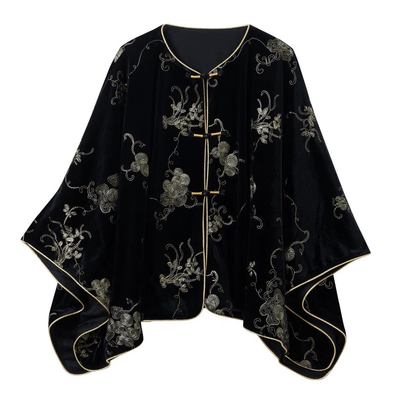 Sancai Retro Chinese Style Black Velvet Gold Embroidered Shawl One Size