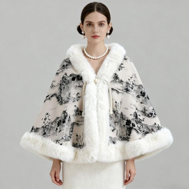 Damen Gestricktes Cape mit Perlenknöpfen Kunstpelzkragen Warmer Bedruckter Schal Winter