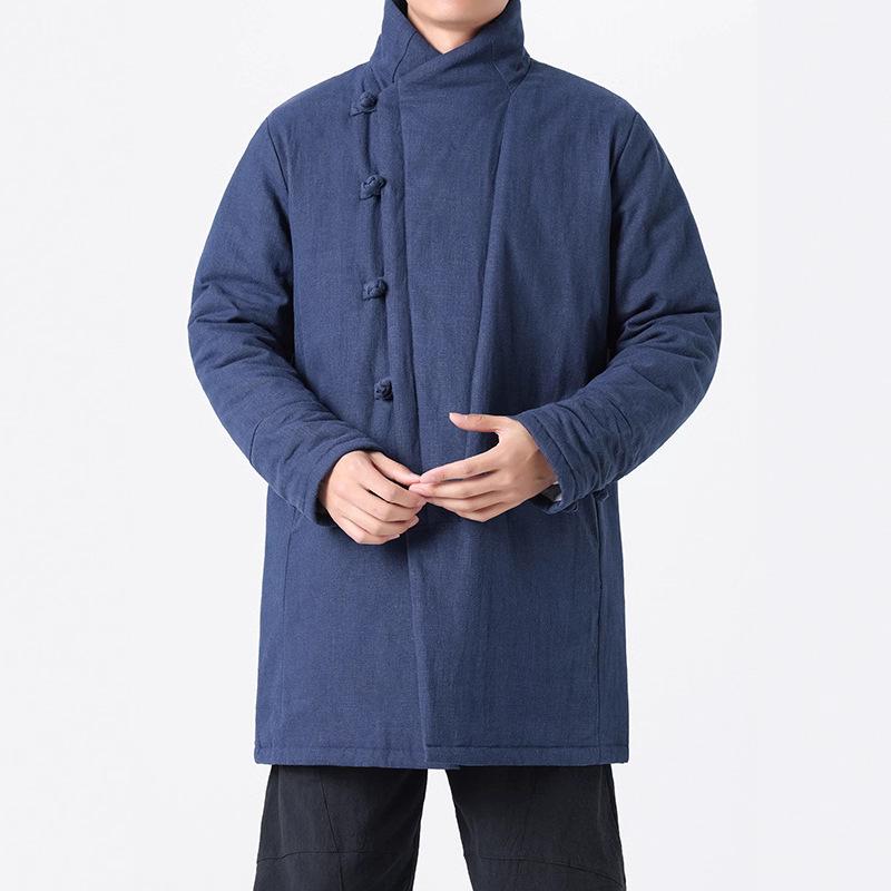 Pánská silná bavlněná lněná bunda v čínském stylu s žabími knoflíky, stojáčkem, střední délky, velikost Plus Size Tang oblek.