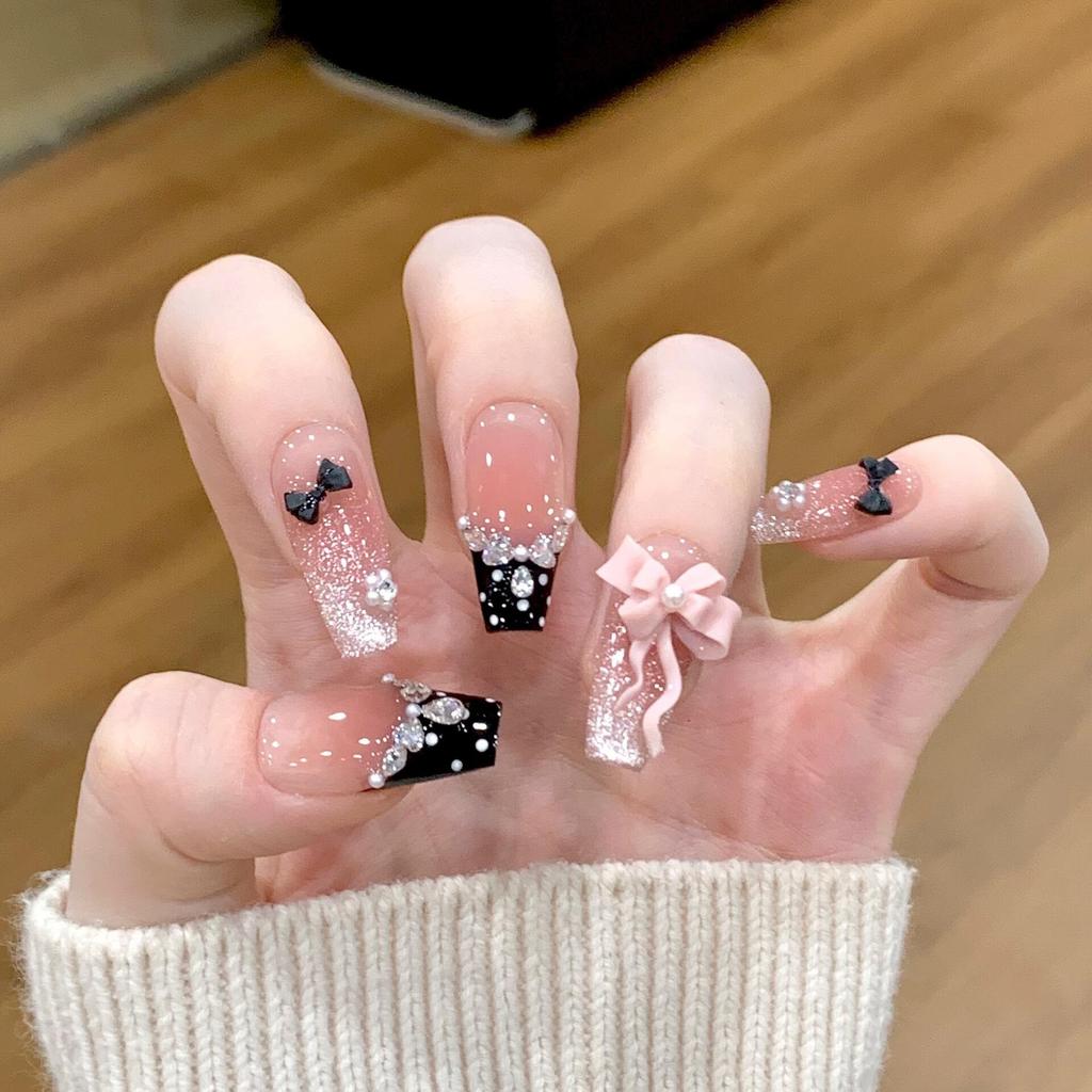 10pcs Pink Cherry Blossom Cat Eye Press On Nails Handmade French Coffin False Nails With Crystal Flower And Pearl Decorations