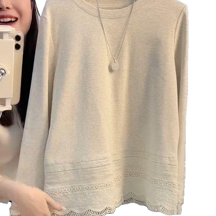 Large size German velvet lace splicing long-sleeved T-shirt women's autumn and winter new loose and thin meat-covering niche top