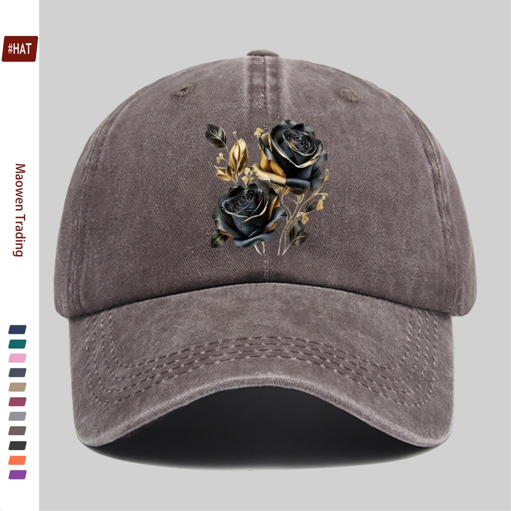 pc Black Rose Golden Leaf Pattern Print Baseball Cap Casual Style Decorative Hat Comfortable and Lightweight Sun Hat with Adj