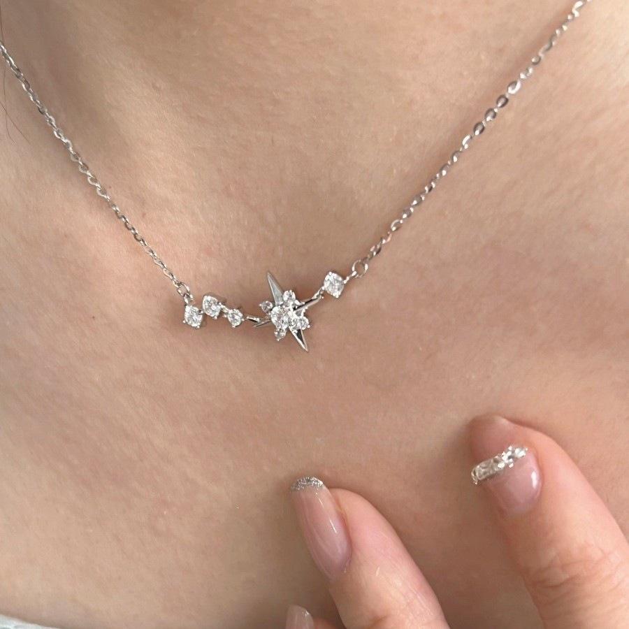 Eight-Pointed Star S925 Sterling Silver Gold-Plated Zircon Pendant Necklace, Women s Light Luxury High-End Niche Design. 925 Silver белого золота