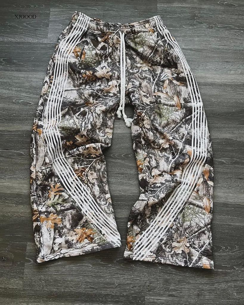 American Vintage High Street Drawstring Straight Pants Leaf Camouflage Functional Striped Wide Leg Pants Loose Casual Pants