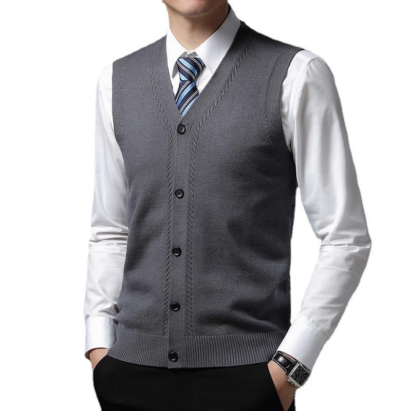 Men's Red Wool Vest: Collarless, Single-Breasted, Solid Color, Fitted Casual Wear for Autumn and Winter.