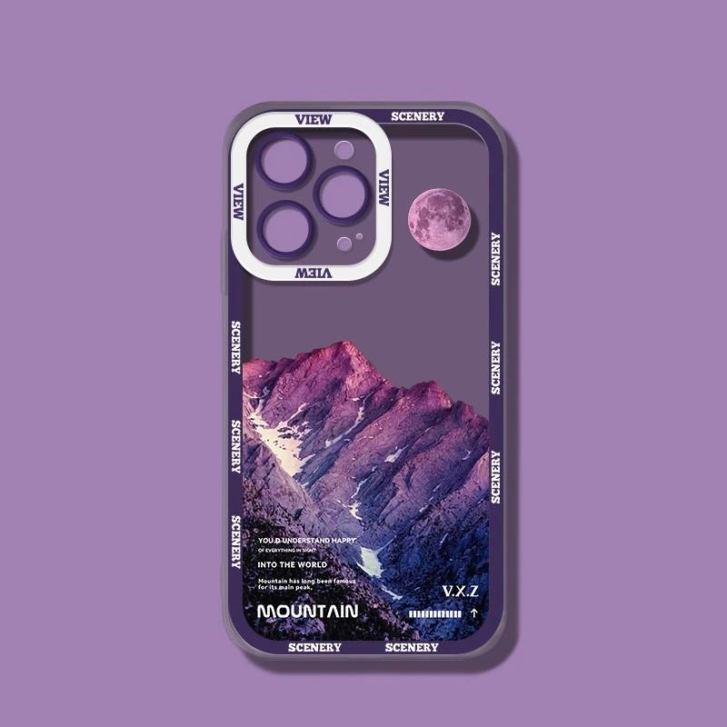 INS Purple Blue Sunset Snow Mountain Phone Case For iPhone 14 15 13 12 11Pro Max XR X XS Natural Scenery Shockproof Bumper Cover