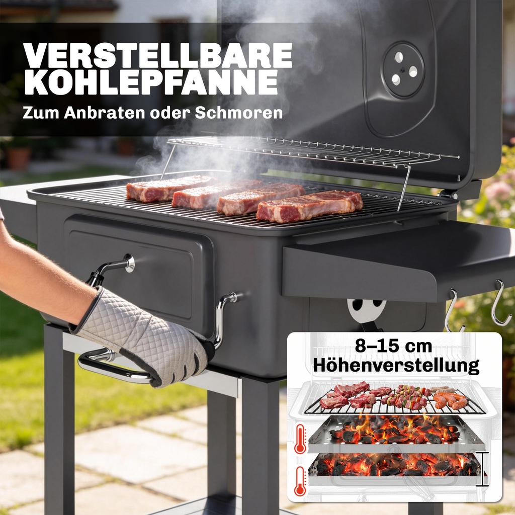 Holzkohlegrill BBQ Smoker mit Deckelthermometer Höhenverstellbare Kohleschale Grillrost Seitentisch Ascheschale