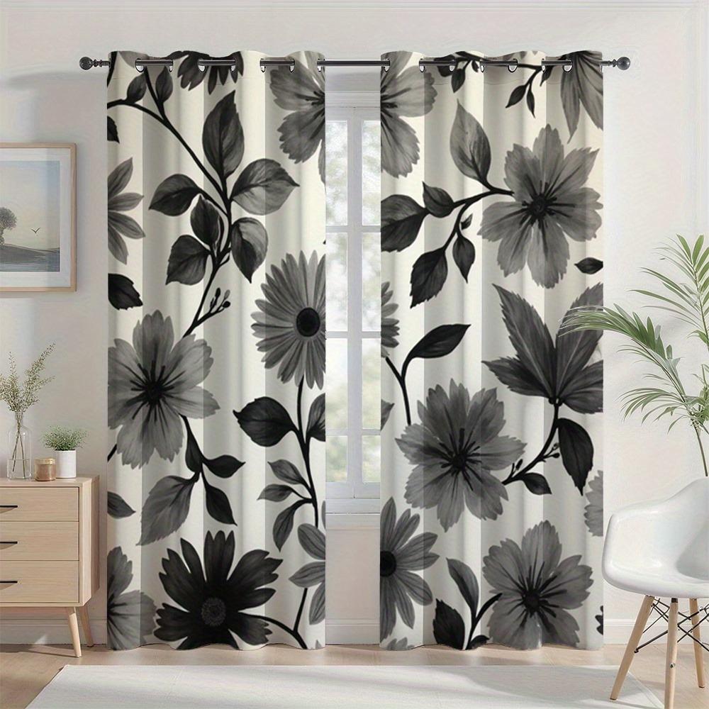 Gray Floral Print Curtains Polyester Fabric Suitable Bedroom Living Room Decoration Made Of Machine Washable Window Treatment