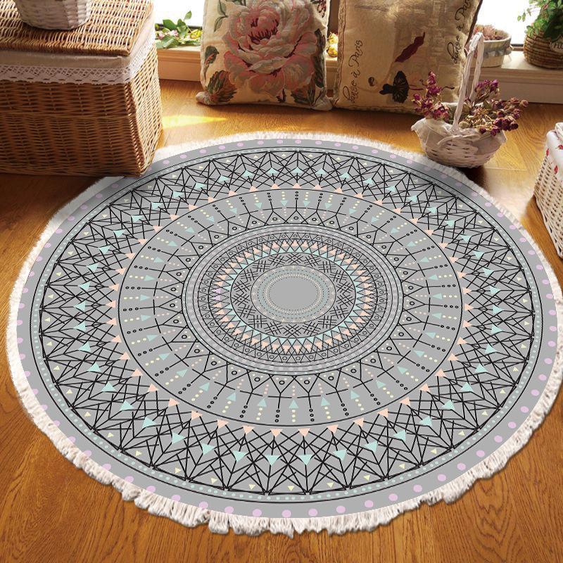

Скандинавский хлопок и лен Домашний досуг Нескользящий Бахрома Принтованный Круглый Ковер Гостиная Напольный коврик Спальня Прикроватный плед diameter 80