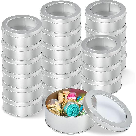 Metal Tin Cans, 20 Pack 6 Ounce Round Empty Containers, Metal Tins with Clear Lids for Kitchen Office Aromatherapy, Candles, Candy Storage