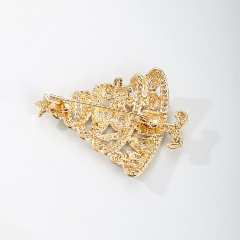 Holiday Brooch Pin Christmas Tree Design with Snowman Accent, Gold Tone Zinc Alloy Stone Detail Jewelry for Winter Coats Scarves Bags and Hats
