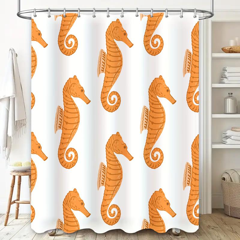 White Shower Curtain with Orange Seahorse Print for Bathroom Decoration Waterproof Fabric Available in Various Sizes on