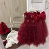 2025 Winter Red Velvet Mesh Princess Dress for Toddlers with Bowknot
