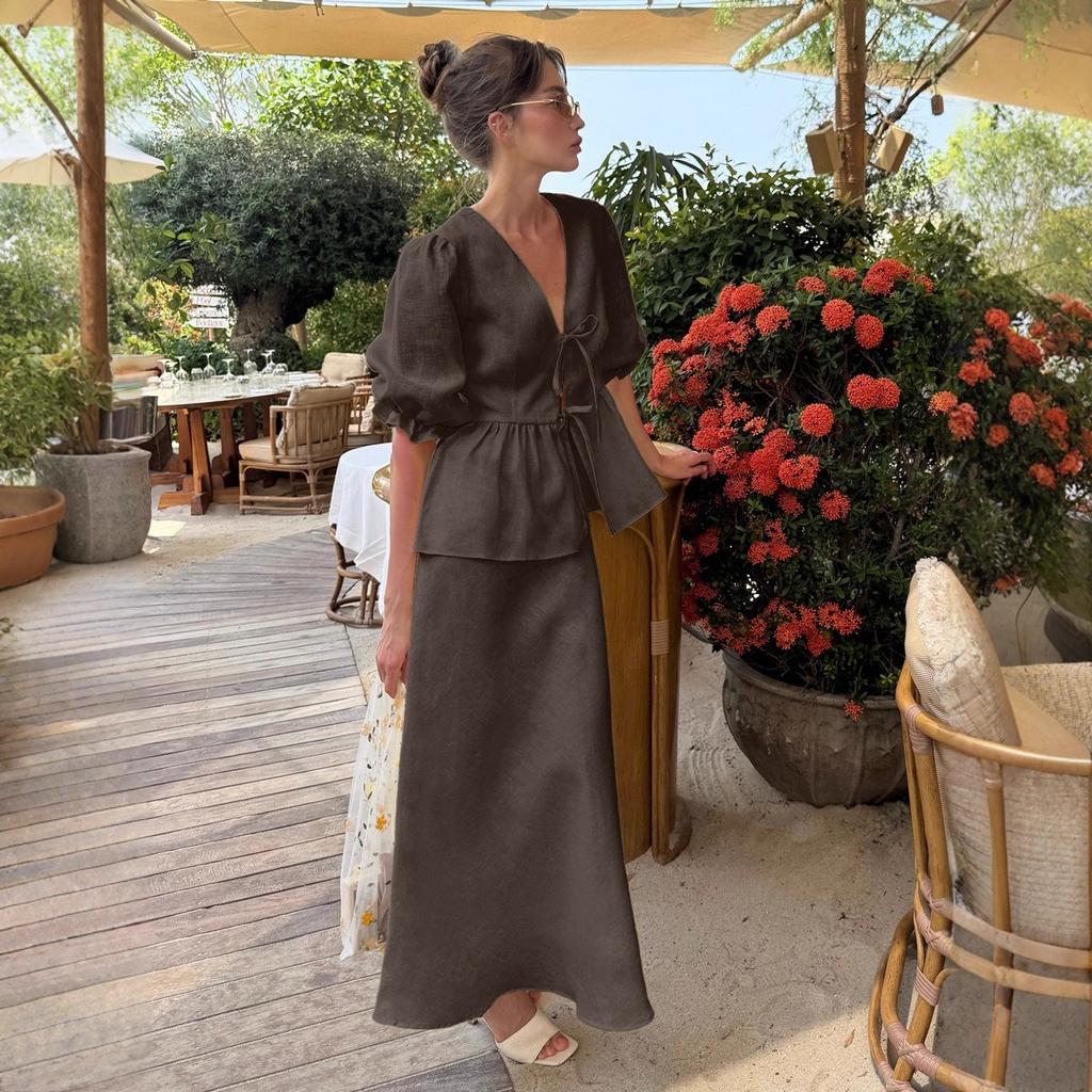 Summer New V-neck Short Sleeve Ruffled Trim Long Midi Skirt Two Piece Set Outfit Women's Casual European American Style