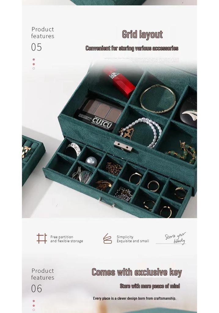 Lockable Three-Layer Velvet Jewelry Box with Earring, Ring, and Bracelet Storage