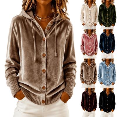 Damen Button-Up Samt Kapuzen-Strickjacke Farbe Lässig Mode Oberteil