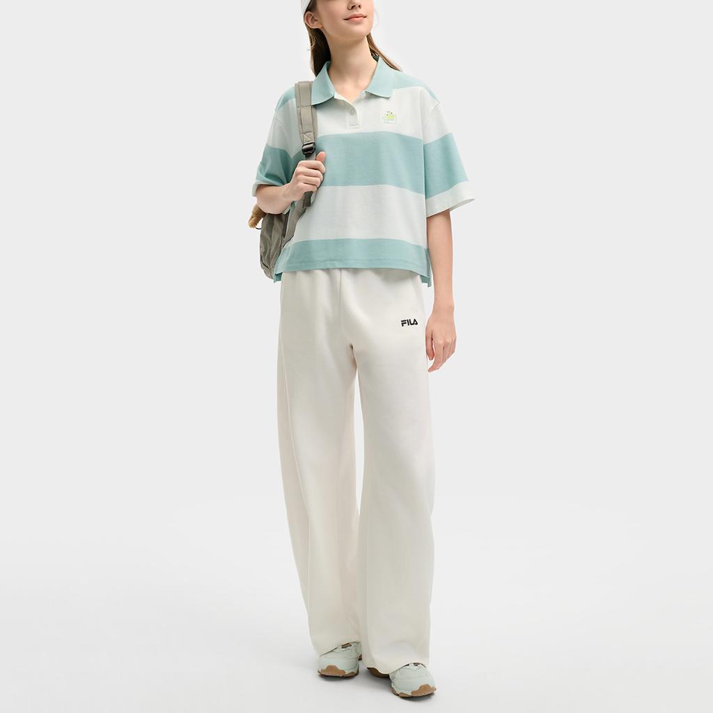 Fila X MAISON KITSUNE Original Fashionable Versatile Loose Striped Short Sleeve Polo Shirt Women Polo Shirts Fruit-Gray-Green F11W529103F-GN