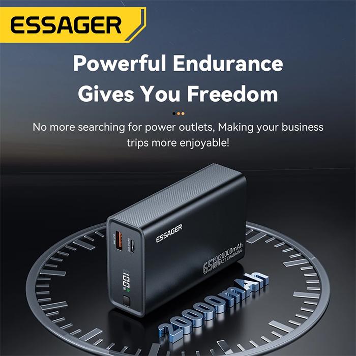 Essager 65W Power Bank 20000mAh PD Fast Charging Portable Battery Charger 3 Output Ports for iPhone 15 14 Pro Notebook Tablet