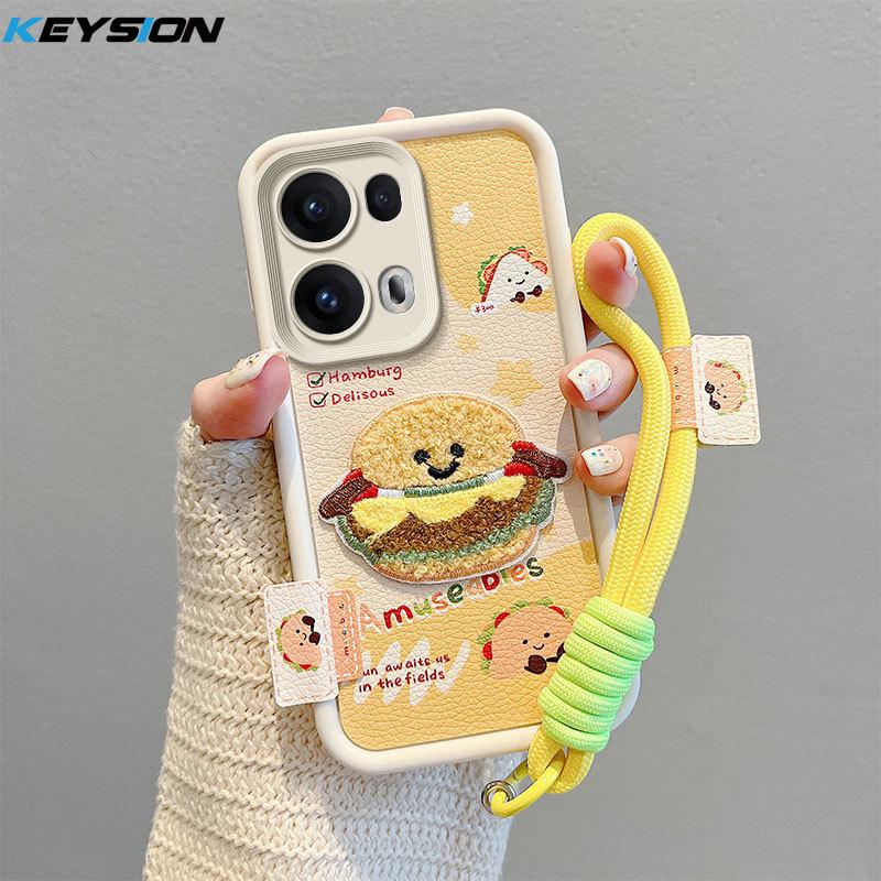KEYSION Cartoon Cute Plush Embroidery Case for OPPO Reno13 5G with Lanyard Silicone Shockproof Phone Cover for OPPO Reno 13 Pro 5G