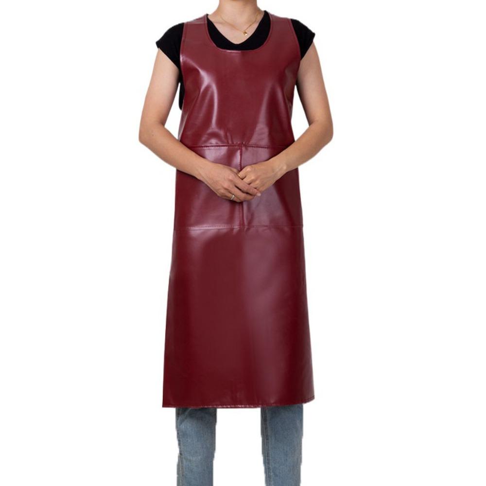 

PU Leather Kitchen Apron Waterproof Cooking Work Clothes Durable Cleaning Apron Fish Processing Wine Red 110cm