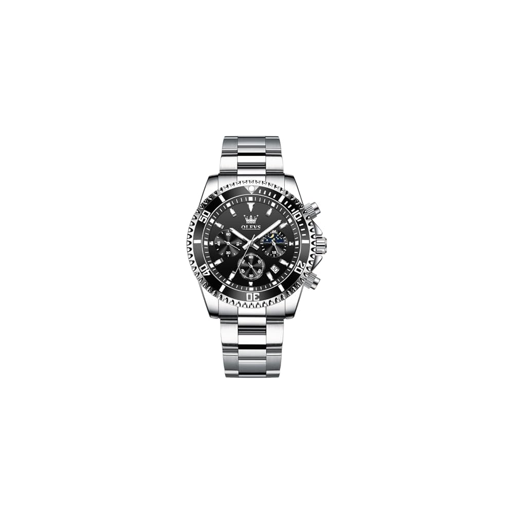 OLEVS Men s Stylish Black Waterproof Analog Quartz Watch with Chronograph and Stainless Steel Band